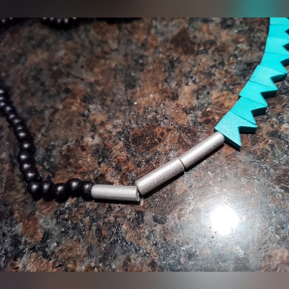 Wooden Painted Beaded Necklace, Black, Silver, Turquoise Beads, 40 Inch - Picture 2 of 4